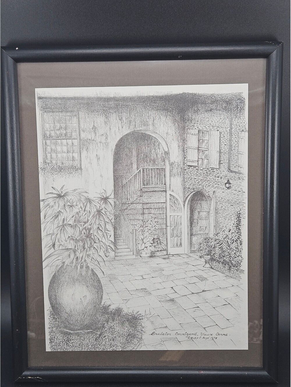 Framed Vintage New Orleans Courtyard Print Archie C Boyd 1974 Vieux Carre Art